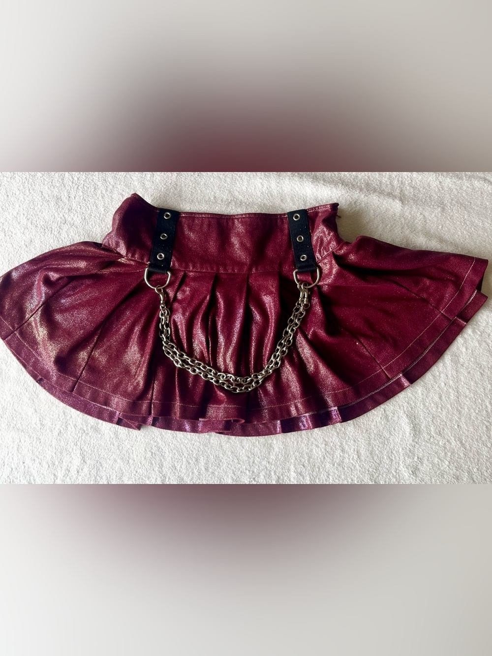 Current Mood Burgundy Faux Leather Pleated Mini Skirt with Chain Detail